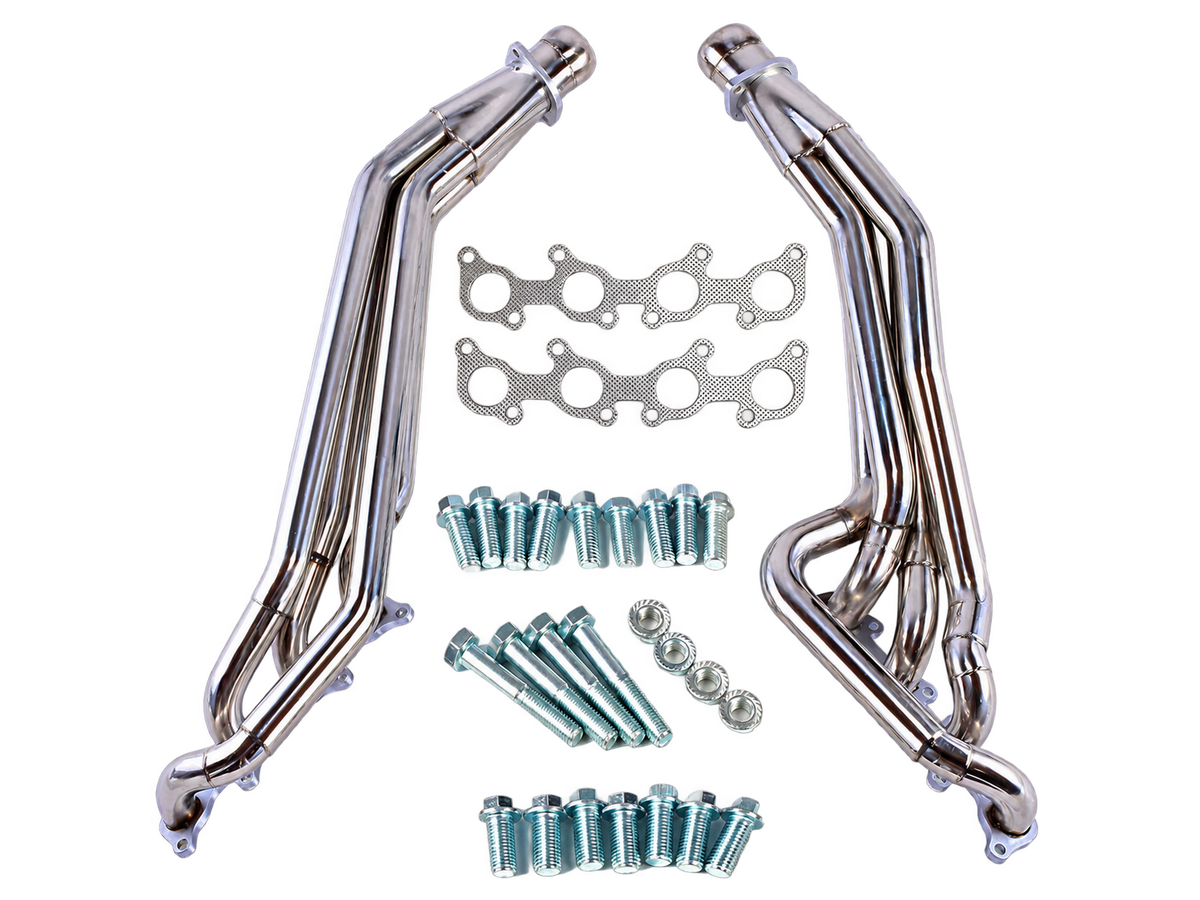 Contenido del kit de headers largos para Mustang GT 5.0L V8, fondo transparente