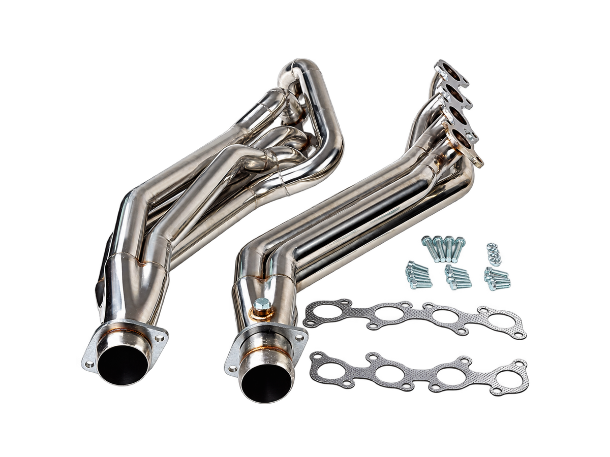 Par de headers largos de acero inoxidable para Mustang GT 5.0L V8 con juntas y tornillería, fondo transparente