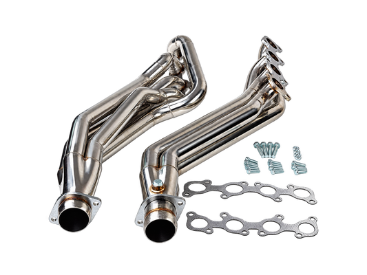 Par de headers largos de acero inoxidable para Mustang GT 5.0L V8 con juntas y tornillería, fondo transparente