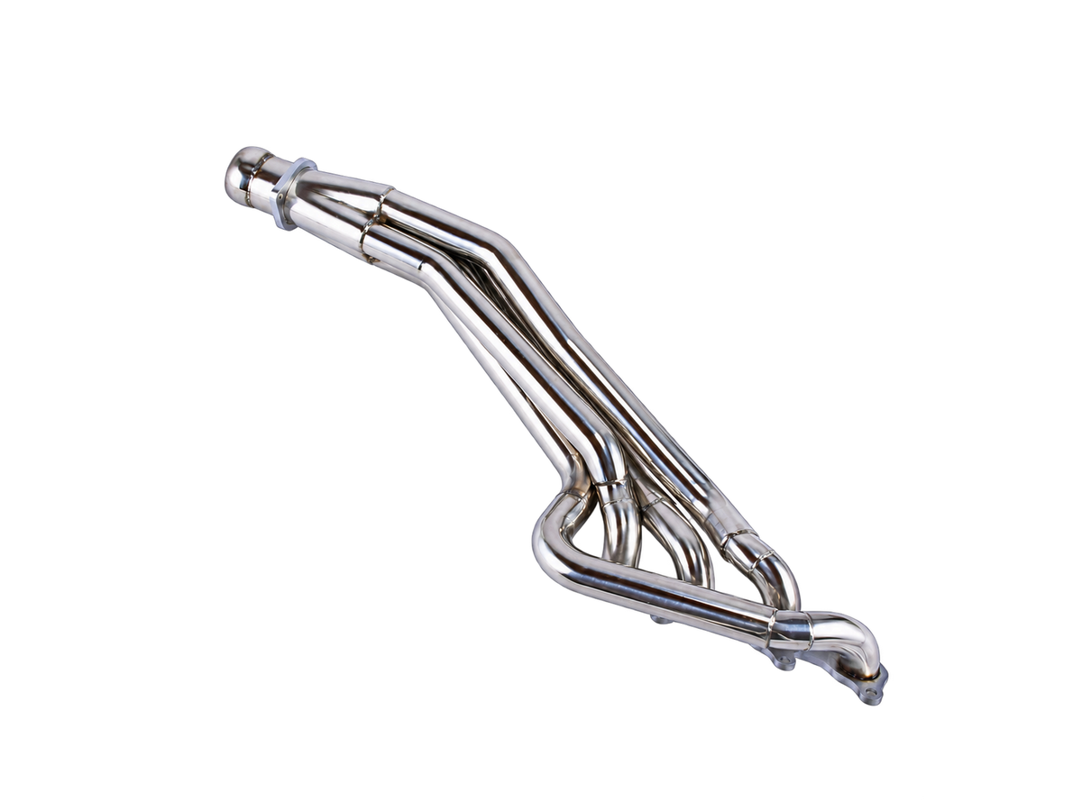 Vista lateral de header largo de acero inoxidable para Mustang GT, fondo transparente